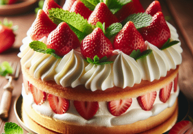 Nærbilde av klassisk norsk bløtkake med myk pisket krem, friske jordbær og mynte på trebord, naturlig lys, høy oppløsning