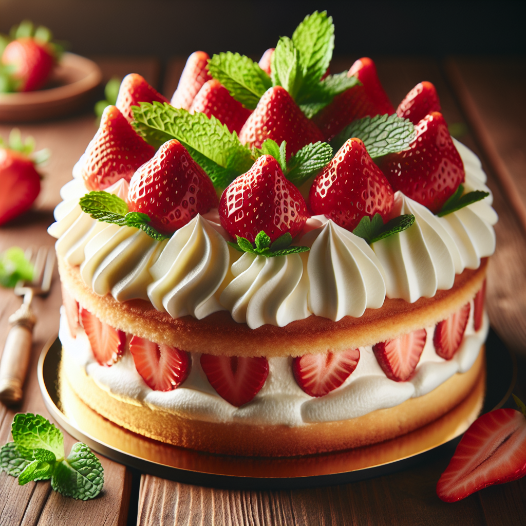 Nærbilde av klassisk norsk bløtkake med myk pisket krem, friske jordbær og mynte på trebord, naturlig lys, høy oppløsning