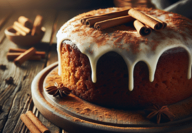 Nærbilde av en saftig krydderkake med glasur og kanelstrø, rustikk trebakgrunn og lun stemning, varmt naturlig lys