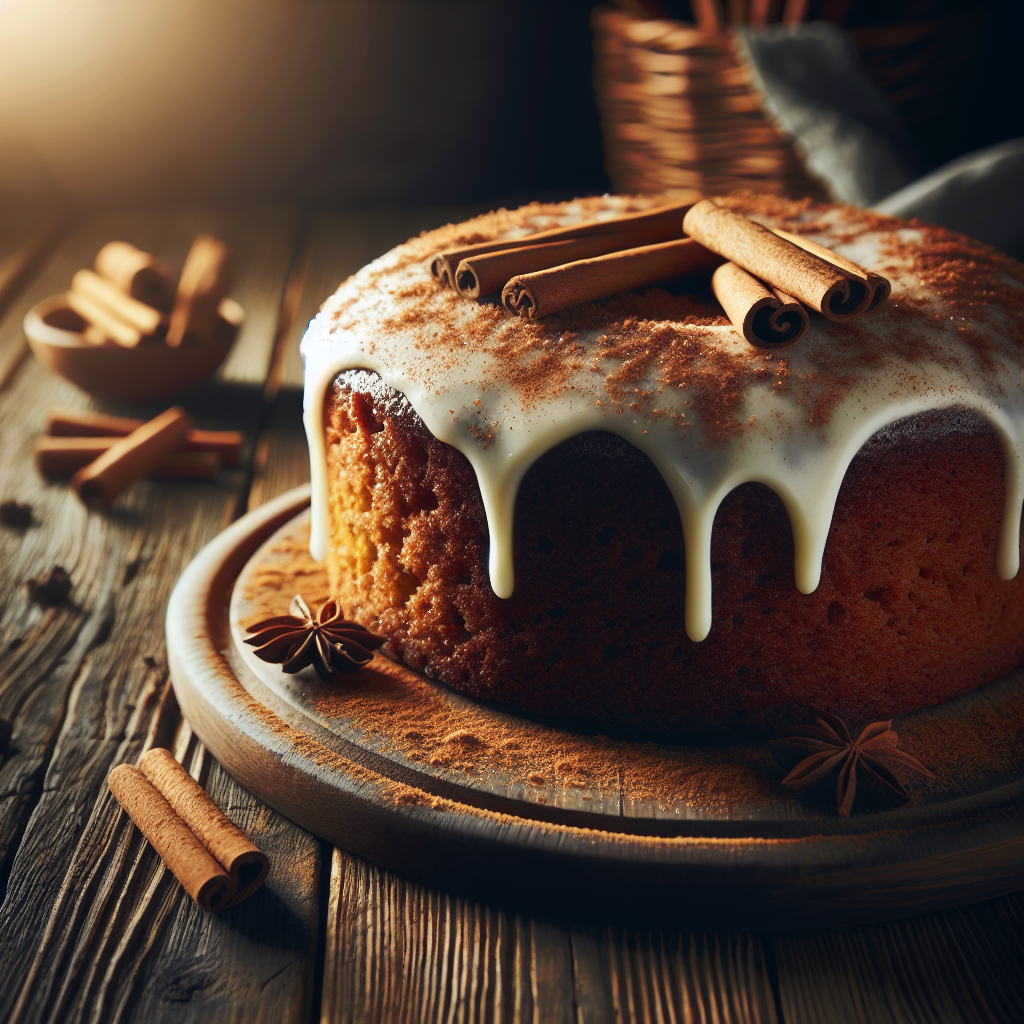 Nærbilde av en saftig krydderkake med glasur og kanelstrø, rustikk trebakgrunn og lun stemning, varmt naturlig lys