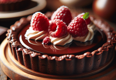 Nærbilde av en fløyelsmyk sjokoladeterte med sprø mørk bunn, glossy sjokoladefyll, lett pisket krem og friske bringebær på en rustikk treplate, myk naturlig belysning