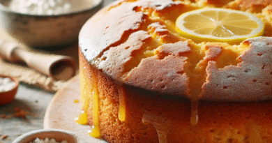Nærbilde av saftig glutenfri kake på rustikk bord med sitron og melblandinger i bakgrunnen, naturlig lys