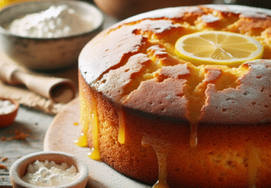 Nærbilde av saftig glutenfri kake på rustikk bord med sitron og melblandinger i bakgrunnen, naturlig lys