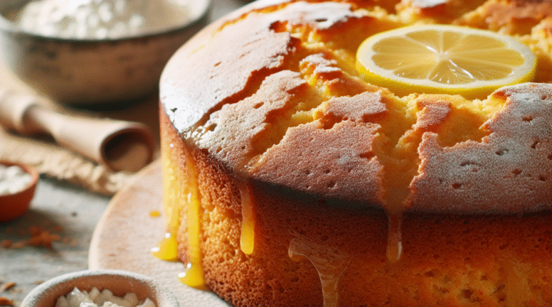 Nærbilde av saftig glutenfri kake på rustikk bord med sitron og melblandinger i bakgrunnen, naturlig lys
