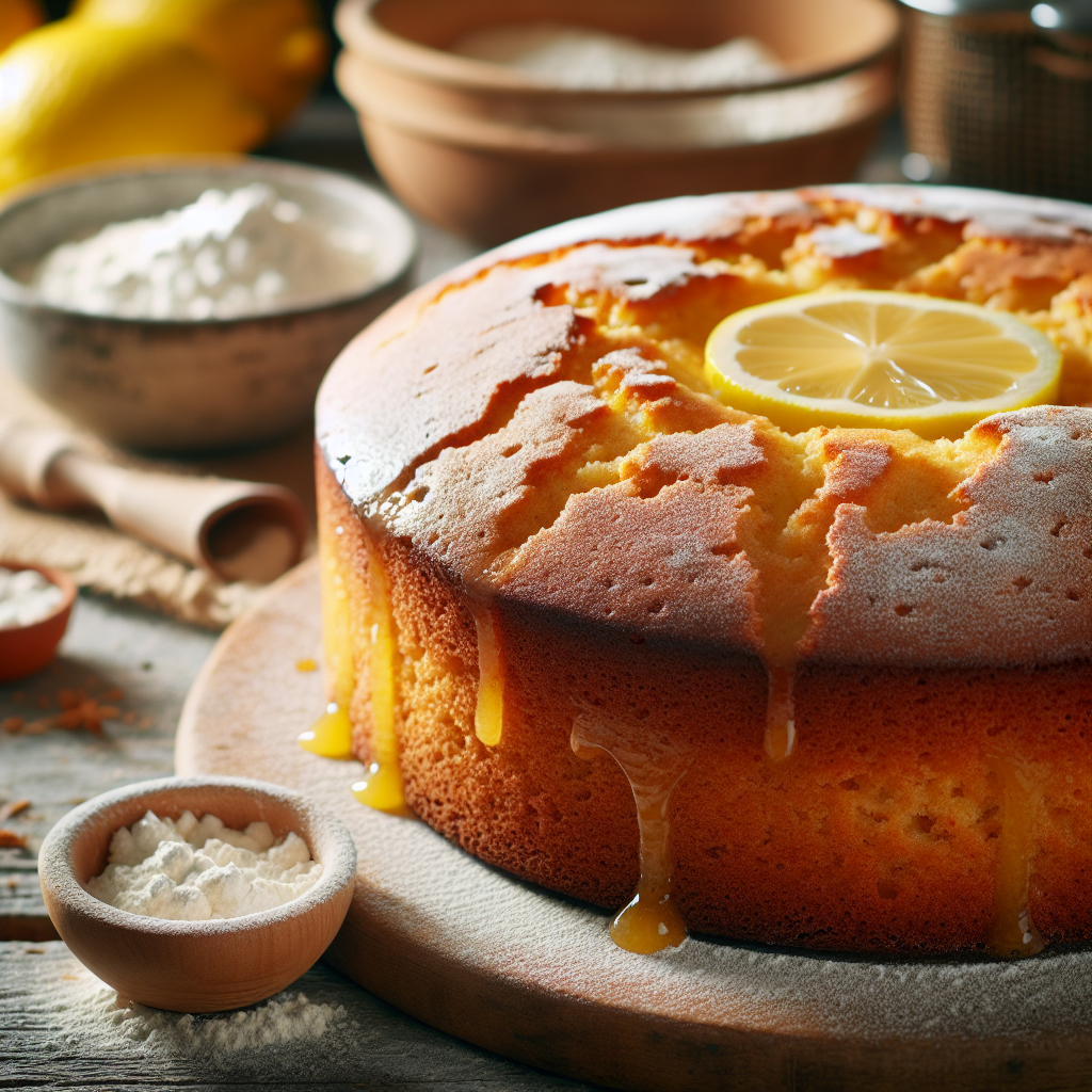 Nærbilde av saftig glutenfri kake på rustikk bord med sitron og melblandinger i bakgrunnen, naturlig lys