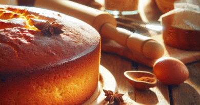 Nærbilde av en saftig, hjemmebakt kake på et trebord, med bakerverktøy og ingredienser i bakgrunnen, varmt naturlig lys, appetittvekkende detalj