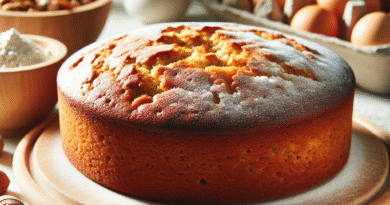 Nærbilde av en saftig glutenfri kake på et trebrett, med ulike glutenfrie melglass og nøtter i bakgrunnen, lyst kjøkken, naturlig lys