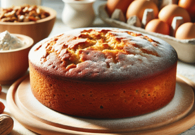 Nærbilde av en saftig glutenfri kake på et trebrett, med ulike glutenfrie melglass og nøtter i bakgrunnen, lyst kjøkken, naturlig lys