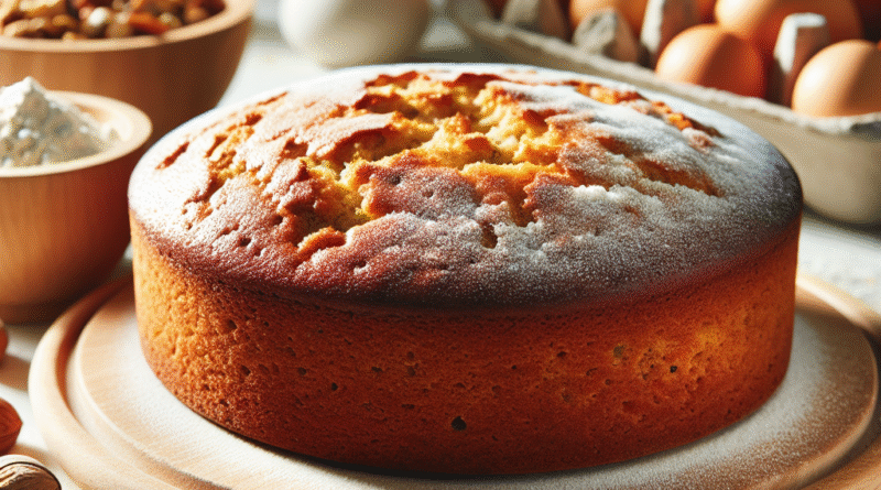 Nærbilde av en saftig glutenfri kake på et trebrett, med ulike glutenfrie melglass og nøtter i bakgrunnen, lyst kjøkken, naturlig lys