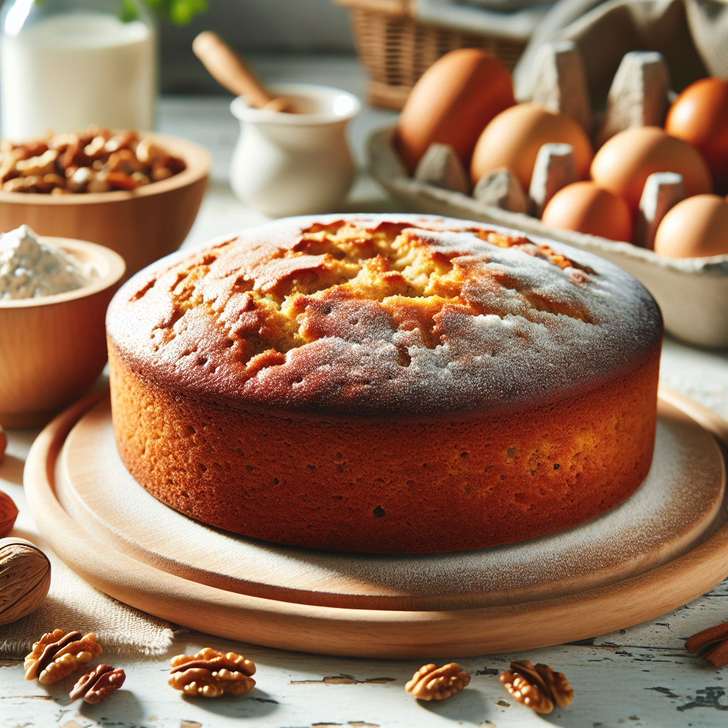 Nærbilde av en saftig glutenfri kake på et trebrett, med ulike glutenfrie melglass og nøtter i bakgrunnen, lyst kjøkken, naturlig lys