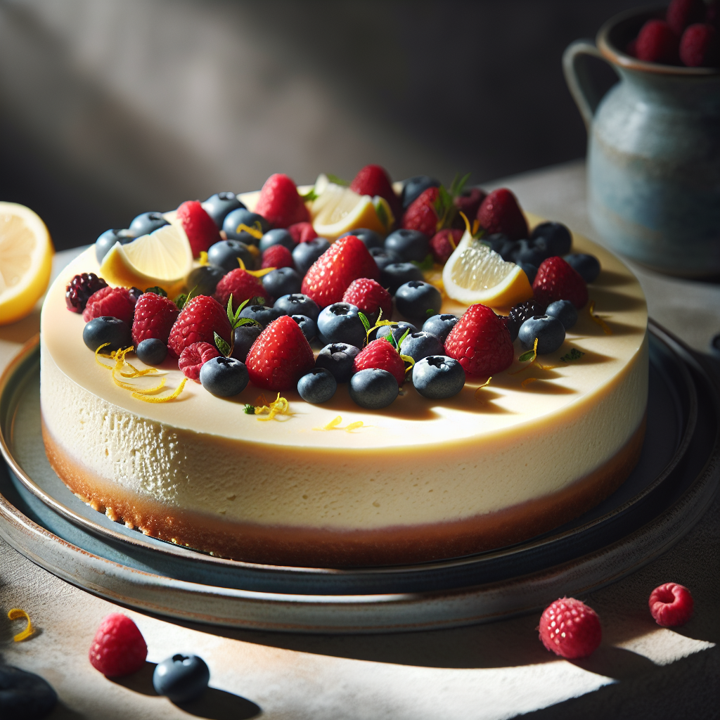 Kremet ostekake på fat med friske bær og sitronskall, naturlig lys, minimalistisk bakgrunn
