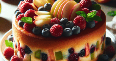 Nærbilde av en saftig fruktkake på et lyst fat, toppet med friske bær, skiver av eple og mynte, naturlig kjøkkenlys, stilrent og innbydende