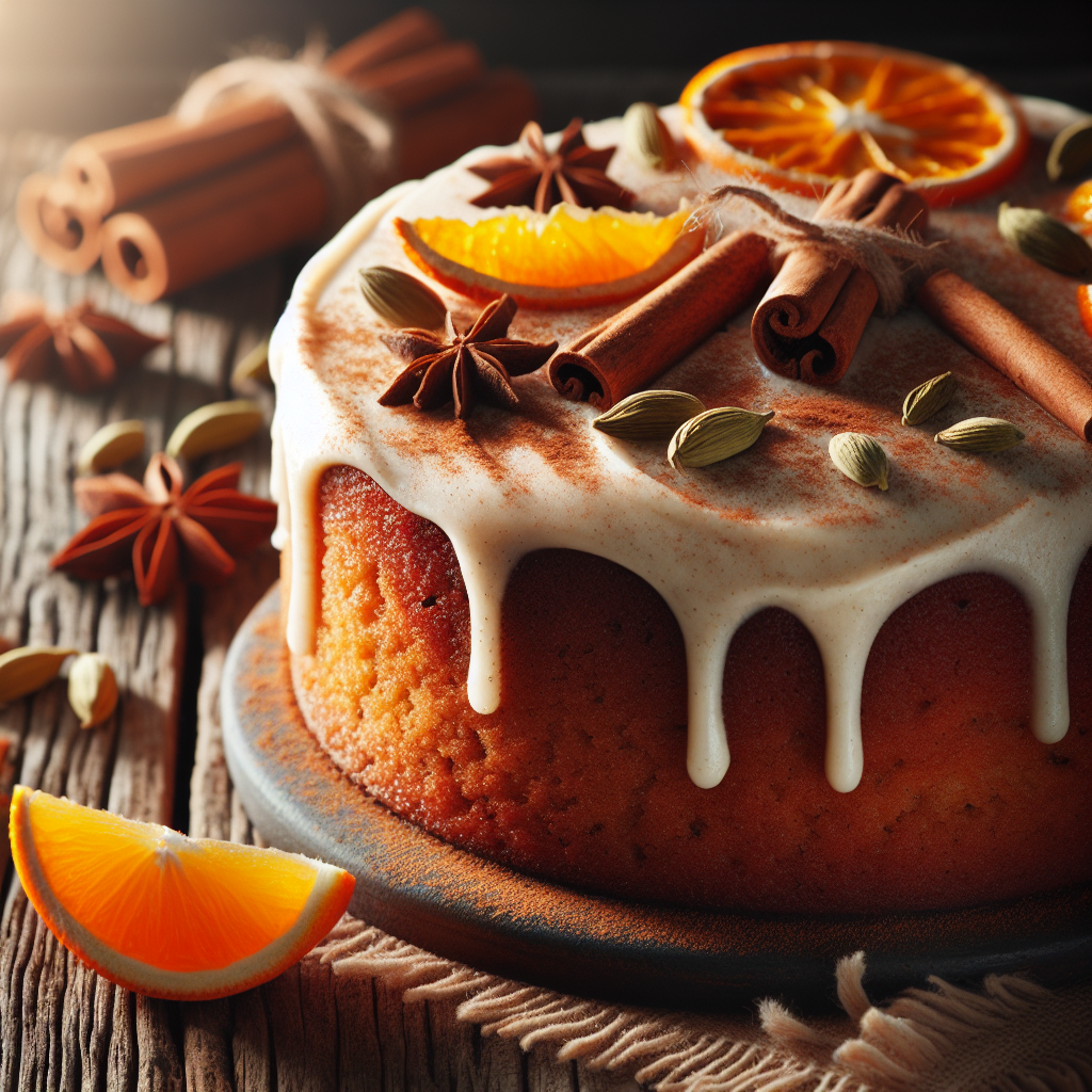 Nærbilde av saftig krydderkake med glasur, kanelstang, kardemommefrø og appelsinskiver på et rustikt trebord, varm morgenlys