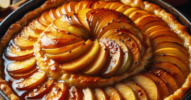 Nærbilde av en gyllen, saftig eplekake i form med skiver av karamelliserte epler på toppen, rustikk trebakgrunn, naturlig lys