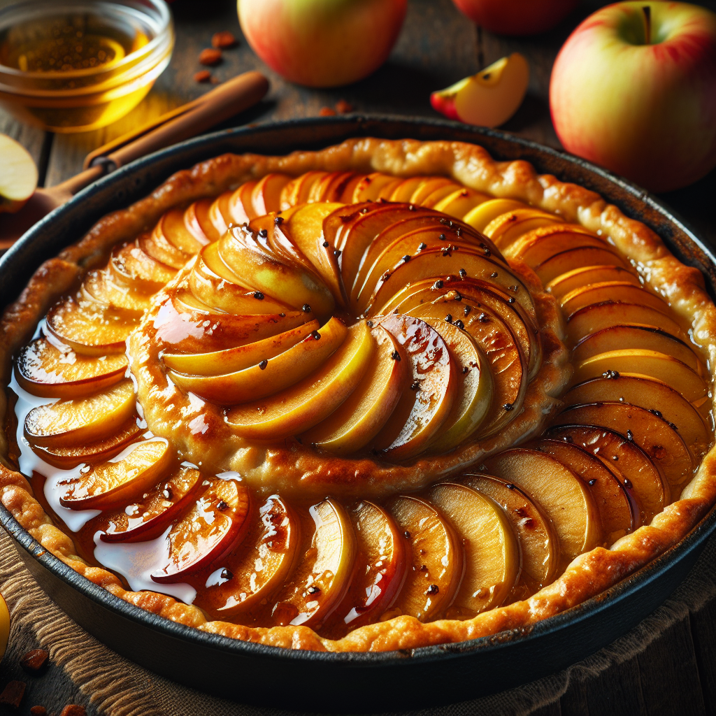 Nærbilde av en gyllen, saftig eplekake i form med skiver av karamelliserte epler på toppen, rustikk trebakgrunn, naturlig lys